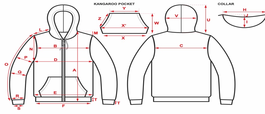 Zay Zip Hoodie Measurement Guide Diagram